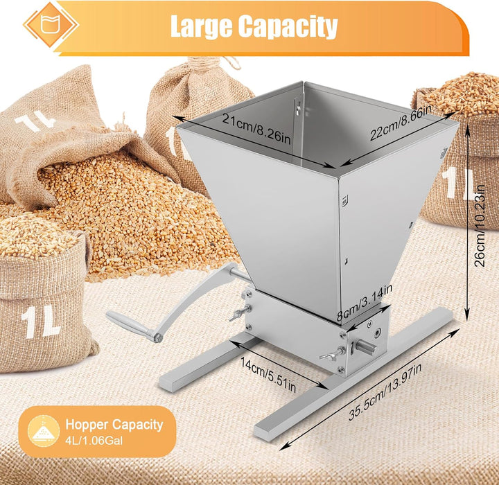 Manuelle Getreidemühle, 4L Malzmühle mit 2 Einstellbare Roller, Edelstahl Verstellbare Grainmühle mi