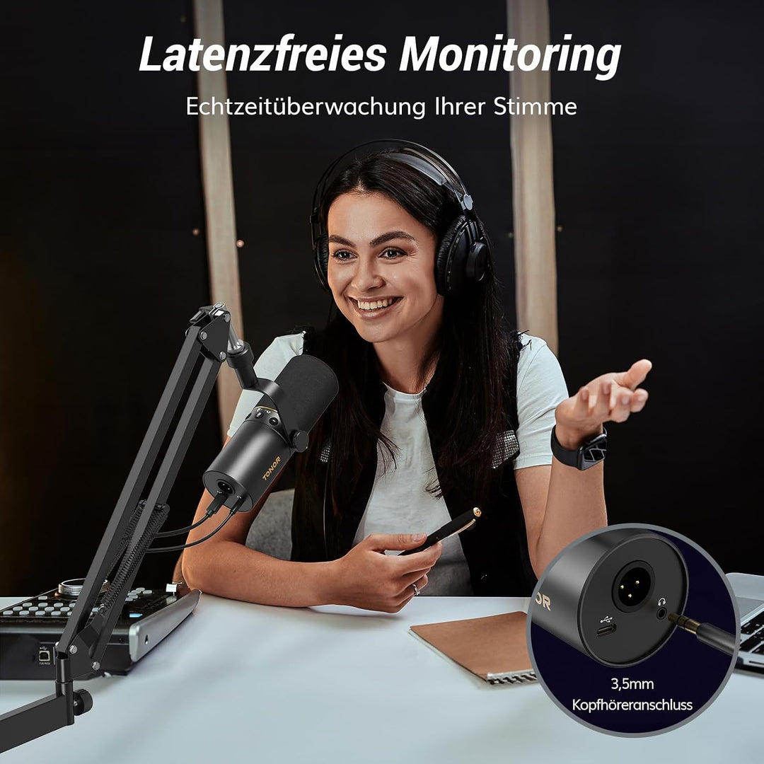 TONOR Dynamisches Microphone mit XLR/USB Kabel für Podcast, TD510+LP Black TD510 mit Tiefarm Set, Bl