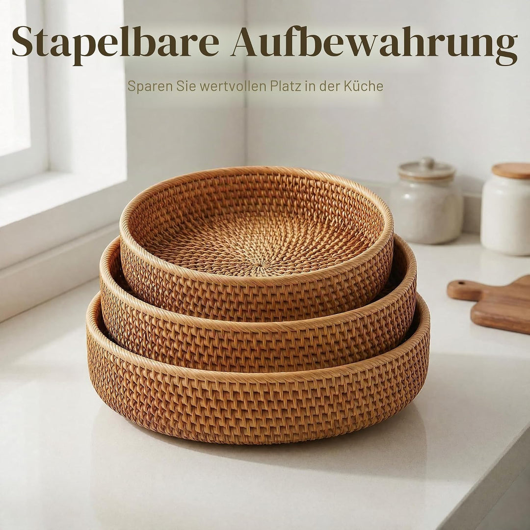 Runde Rattan Obstkörbe, Natürlicher Korbfruchtschalen, Geflochtene Aufbewahrungskörbe für Esszimmer