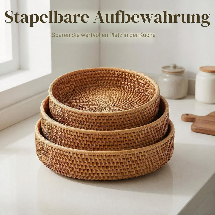 Runde Rattan Obstkörbe, Natürlicher Korbfruchtschalen, Geflochtene Aufbewahrungskörbe für Esszimmer