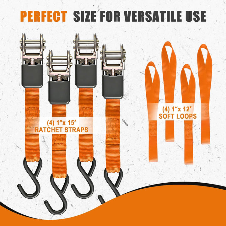 AWELCRAFT 4 Stück Ratsche Spanngurte – 680 kg Bruchfestigkeit, 4,5 m Länge, Orange mit S-Haken &amp; wei