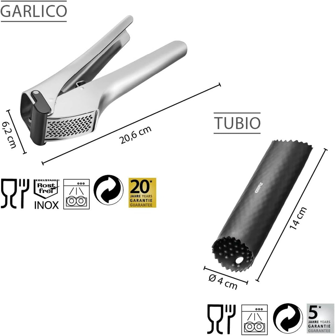 GEFU Knoblauchpresse GARLICO + Knoblauchschäler TUBIO Set – Edelstahl, spülmaschinenfest, ergonomisc