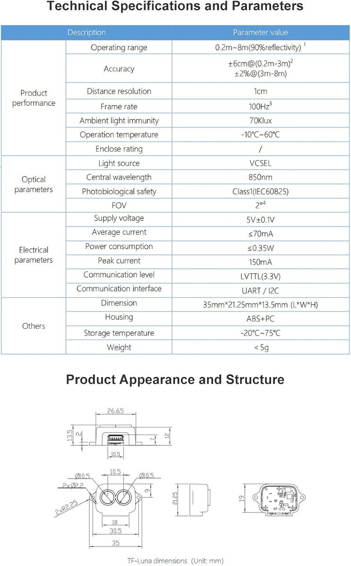 SmartFly Info TF-Luna Lidar-Sensor 0,1–8 m Kurzstreckenentfernung, Einpunkt-Rangefinder-Modul, UART/