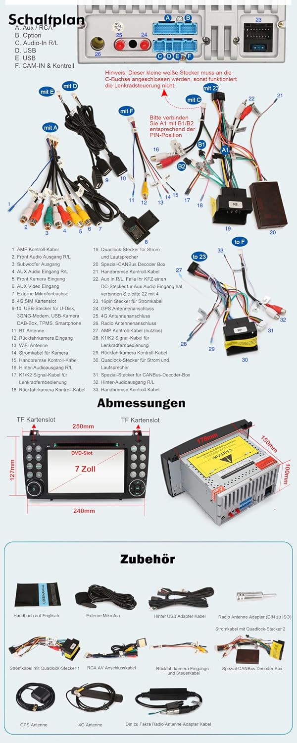 Erisin 7 Zoll 8-Kern 4GB+64GB Android 12 Autoradio Bluetooth mit GPS Navi Für Mercedes Benz SLK Klas