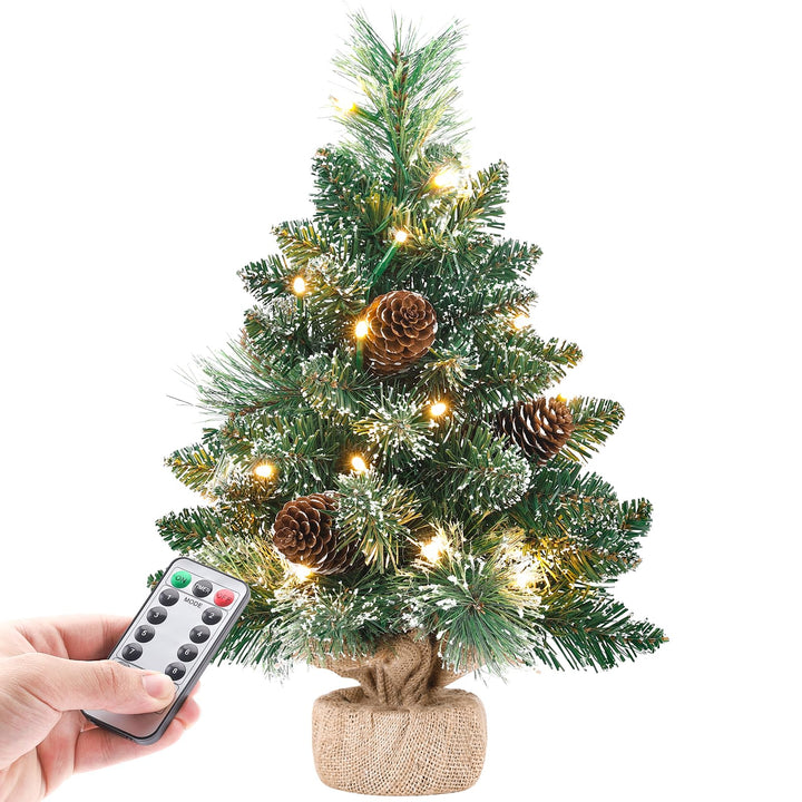 Yorbay Mini Weihnachtsbaum mit Beleuchtung LED und weissem Schnee, 40cm Tannenbaum mit Stern-Baumspi