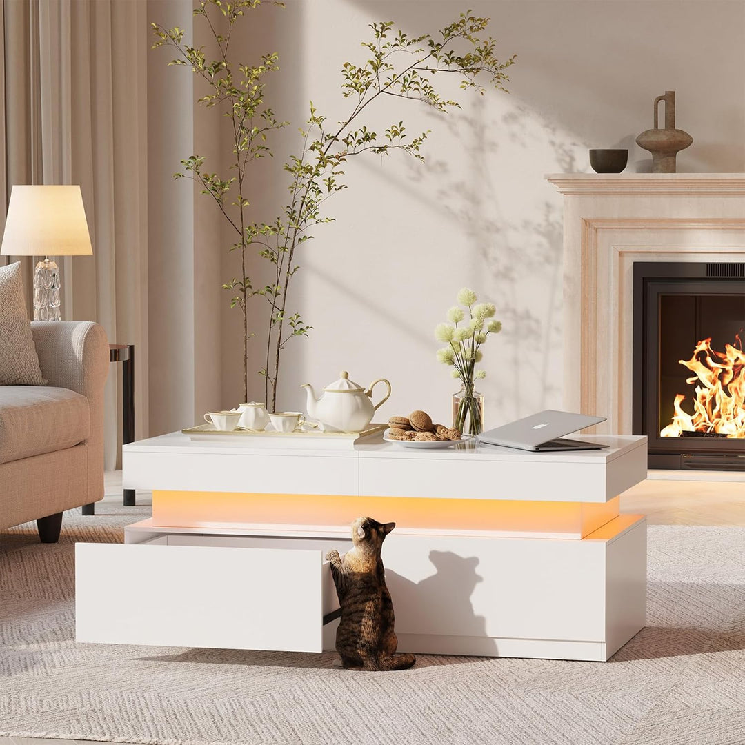 YOUDENOVA Couchtisch Weiss Wohnzimmertisch Hochglanz mit 7 Farbiger LED Beleuchtung Modern Beistellt