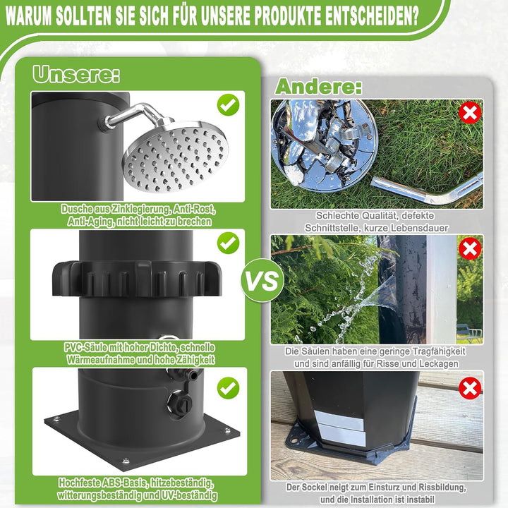LARS360 40L Solardusche Gartendusche Duschsystem – Wassertemperatur bis 60°C, mit 180° drehbarem Reg