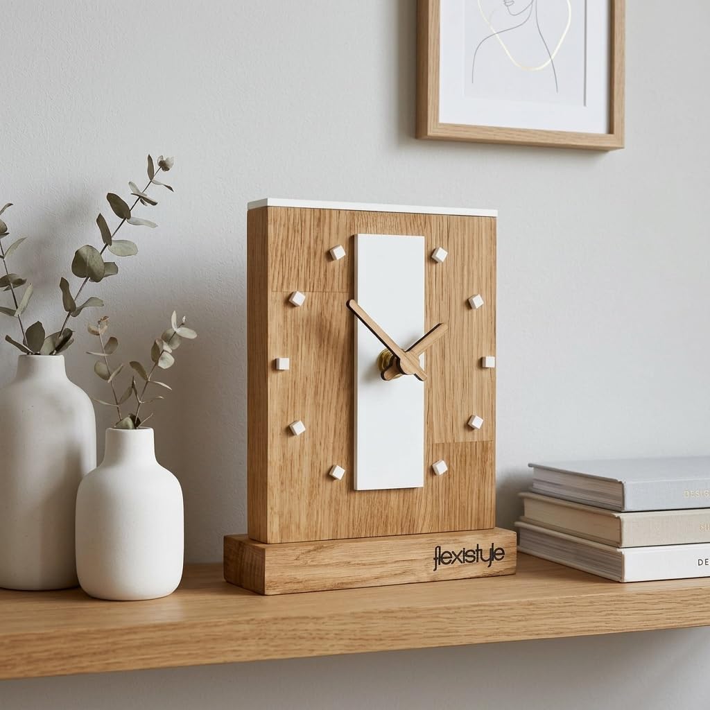 FLEXISTYLE Modern standuhr tischuhr klein aus Holz Eiche Wohnzimmer Badezimmer Uhr Holz tischuhren h