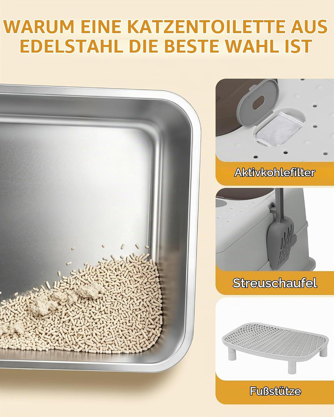 Hzuaneri Edelstahl Katzenklo XXL mit Deckel, Doppeltür, 60 × 40 × 42 cm, Geschlossenes Katzentoilett