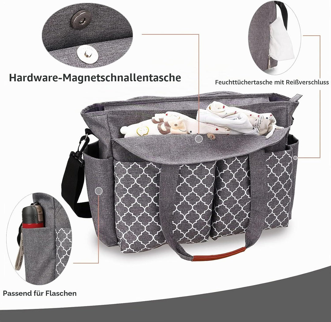 Wickeltasche Baby Gross, 13 Fächer Kinderwagen Windeltasche, Wasserabweisende Babytasche mit Schnull