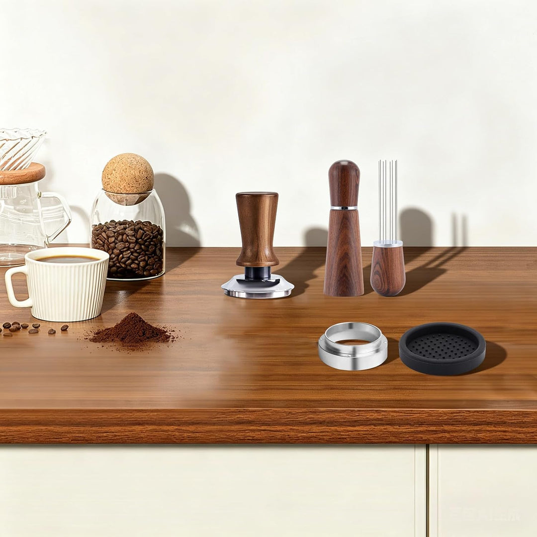 51mm Kaffee Tamper Set Verstellbar, Holzgriff Edelstahl Espresso Stampfer