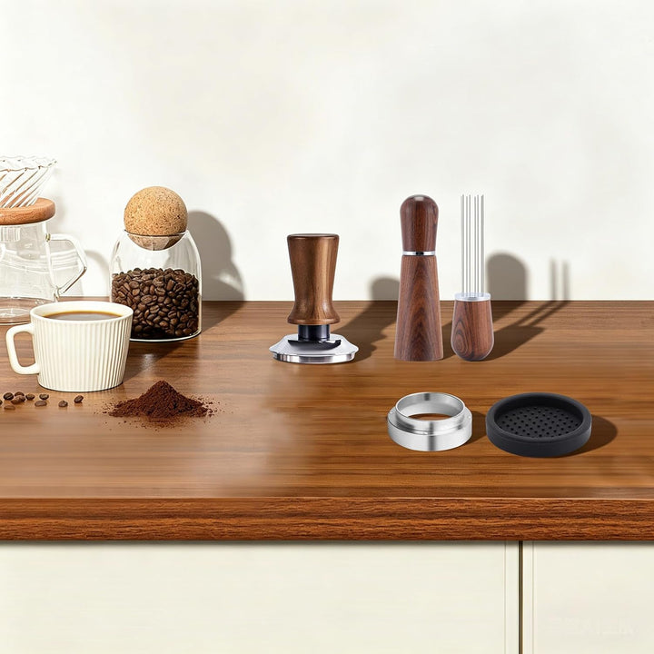 51mm Kaffee Tamper Set Verstellbar, Holzgriff Edelstahl Espresso Stampfer