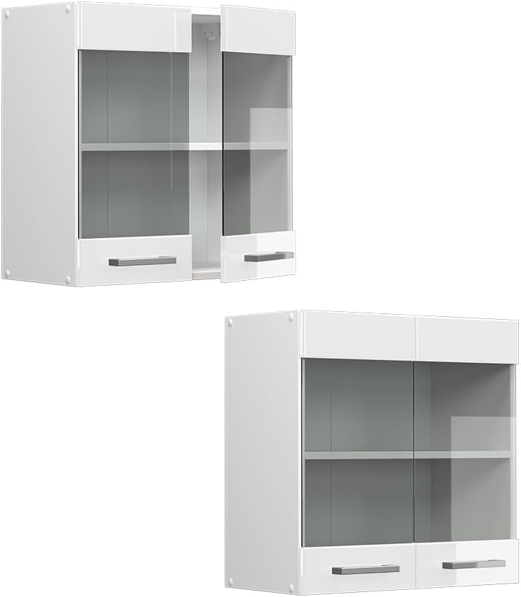 Vicco Küchenschrank Glas R-Line, Weiss Hochglanz/Weiss, 60 cm Weiss Hochglanz Hängeglasschrank 60cm,