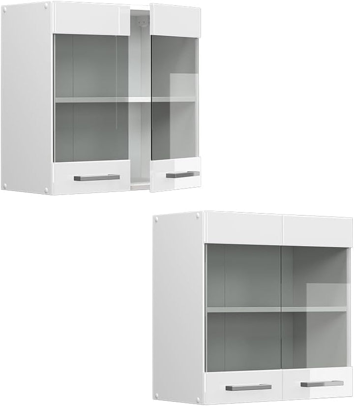 Vicco Küchenschrank Glas R-Line, Weiss Hochglanz/Weiss, 60 cm Weiss Hochglanz Hängeglasschrank 60cm,