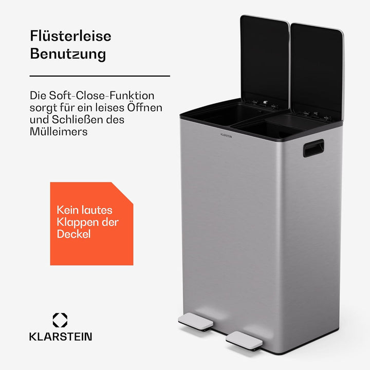 Klarstein EcoVista Mülleimer - 60L Abfalleimer mit 2 Fächern &amp; 3L Kompostbehälter, Soft-Close, Edels