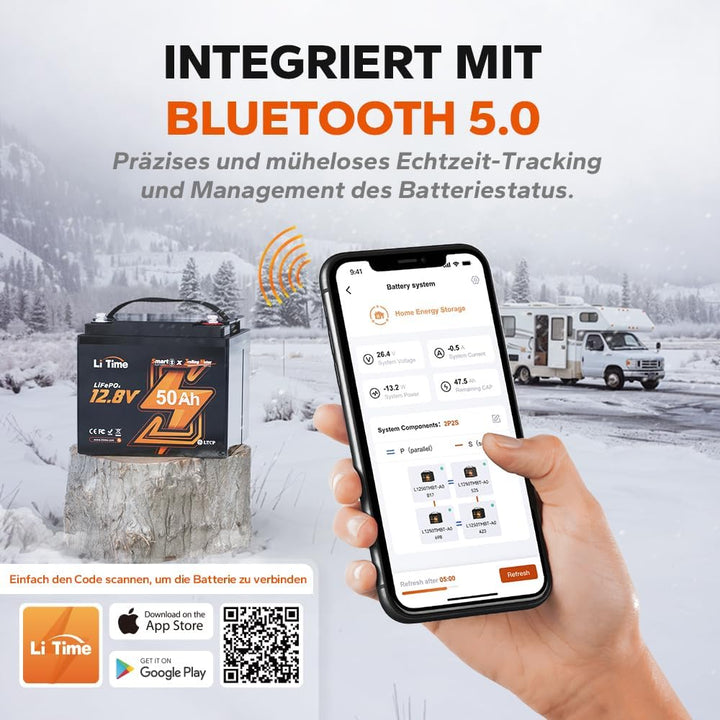 LiTime LiFePO4 12V 50Ah Bluetooth Lithium Batterie mit Tieftemperaturschutz, 50A BMS, Max. 15000 Zyk
