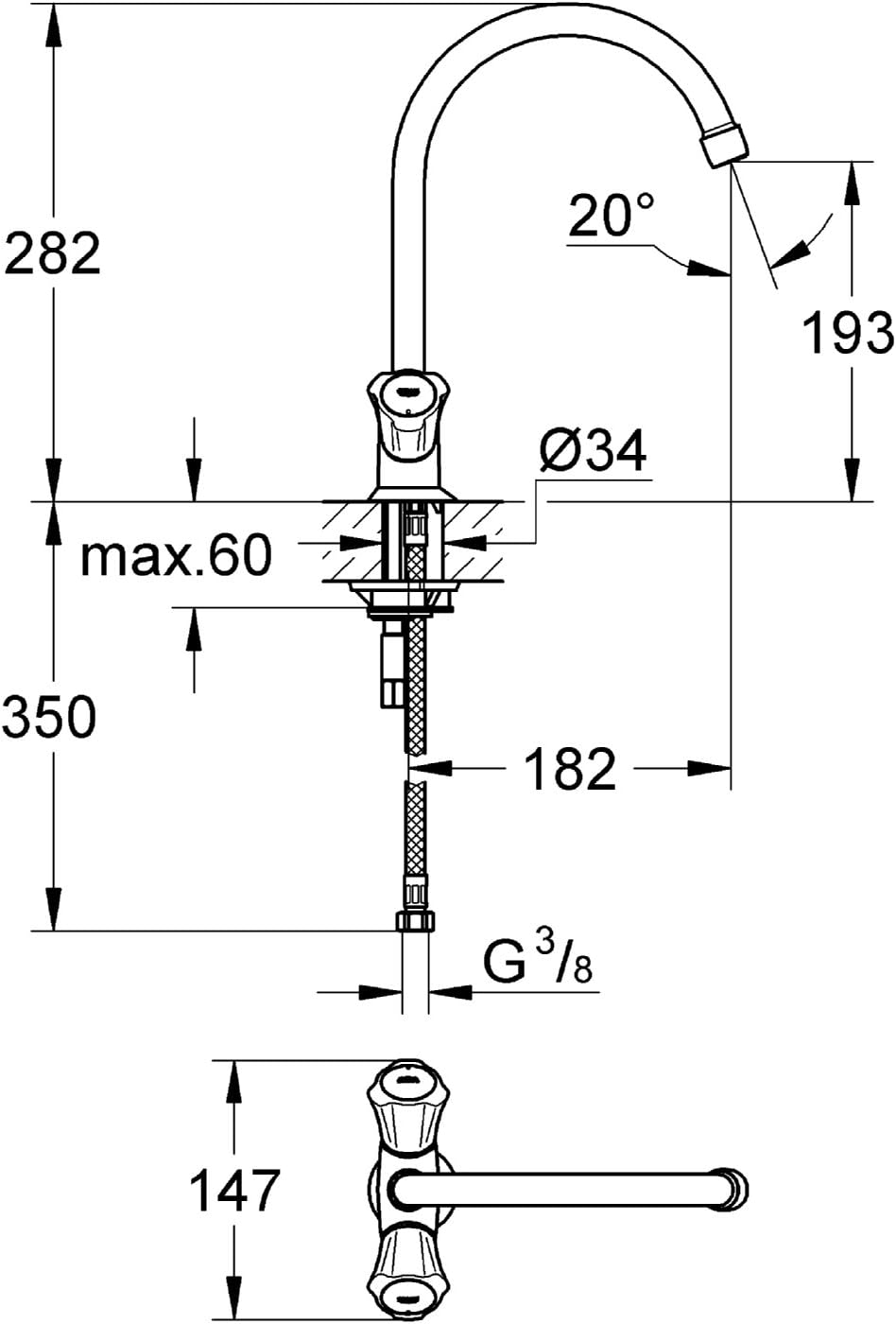 GROHE Costa - Spültisch- Einlocharmatur (Schwenkbereich 360°, wärmeisoliert, flexibler Anschluss, la
