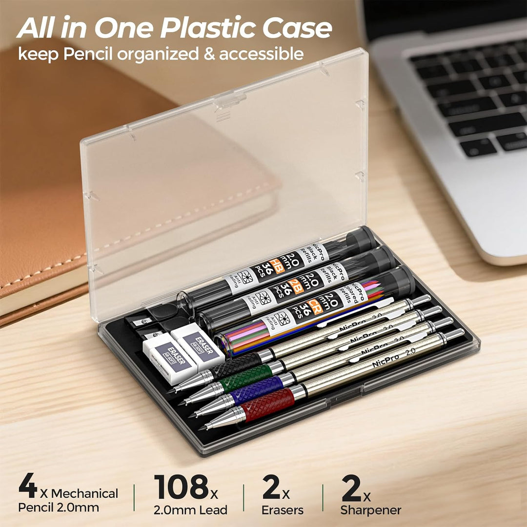 Nicpro 2mm Druckbleistifte Set, 4 Stücke Fallminenstift Metall Mechanische Bleistifte 2,0 mm,3 Dosen