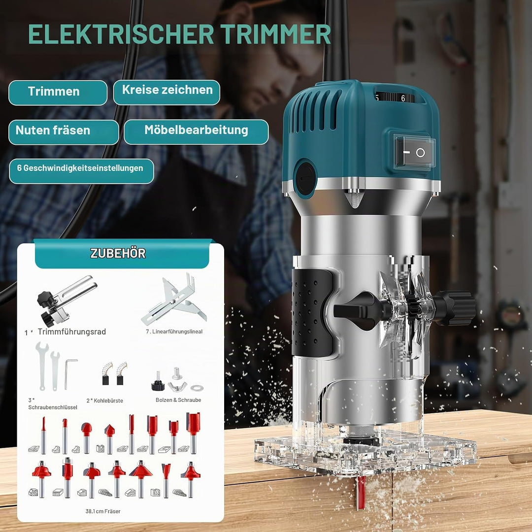 Holzfräse Oberfräse Professionell, 800W 30000 U/min Elektrischer Oberfräse Trimmer mit 15 Stück Fräs