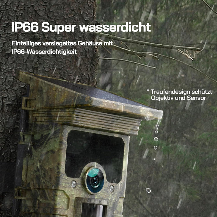 WOLFANG Wildkamera, 4K Solar Video Wildtierkamera, 68MP Full HD WLAN mit Handyübertragung APP, Beweg