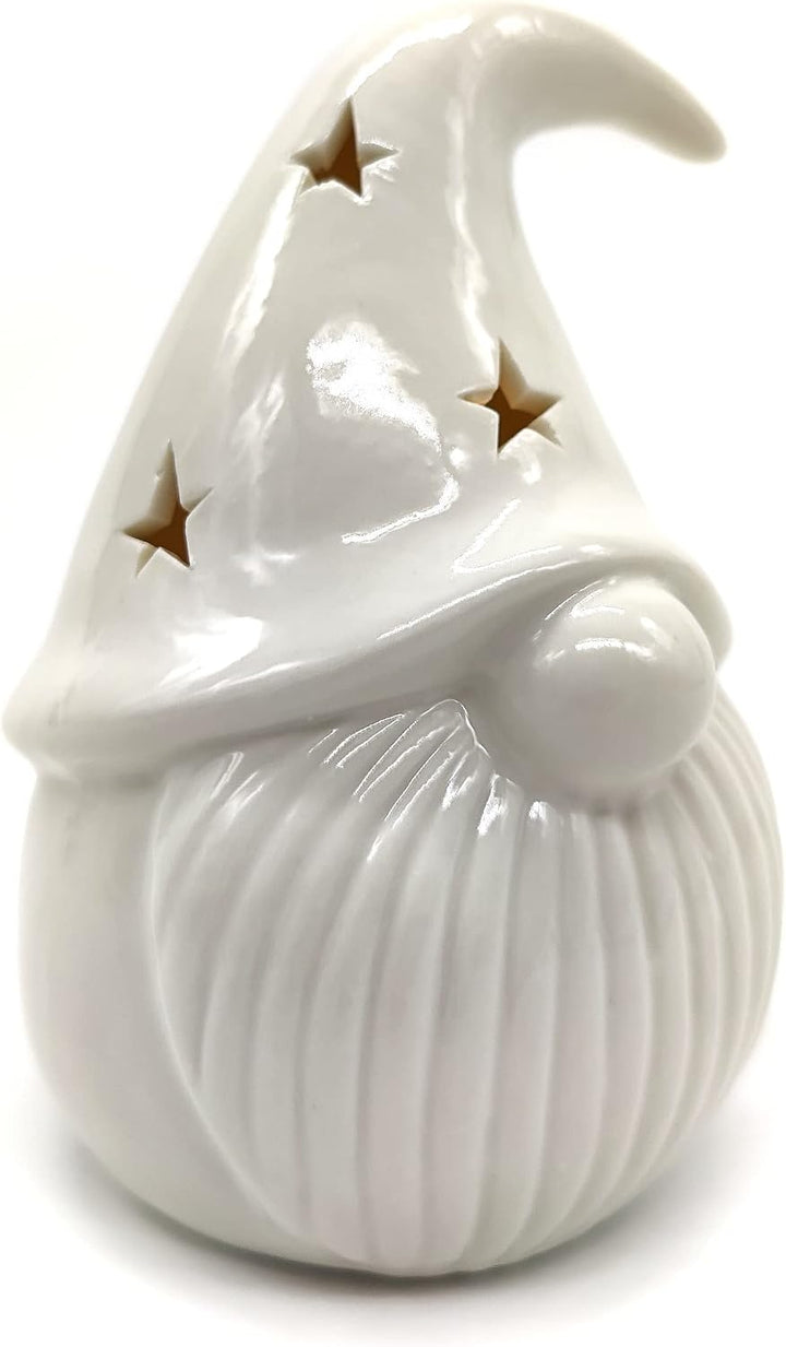DARO DEKO Porzellan LED Zwerge 2er Set Creme-weiss 12cm und 15cm Dekofigur Weihnachtsdeko, 2er Set