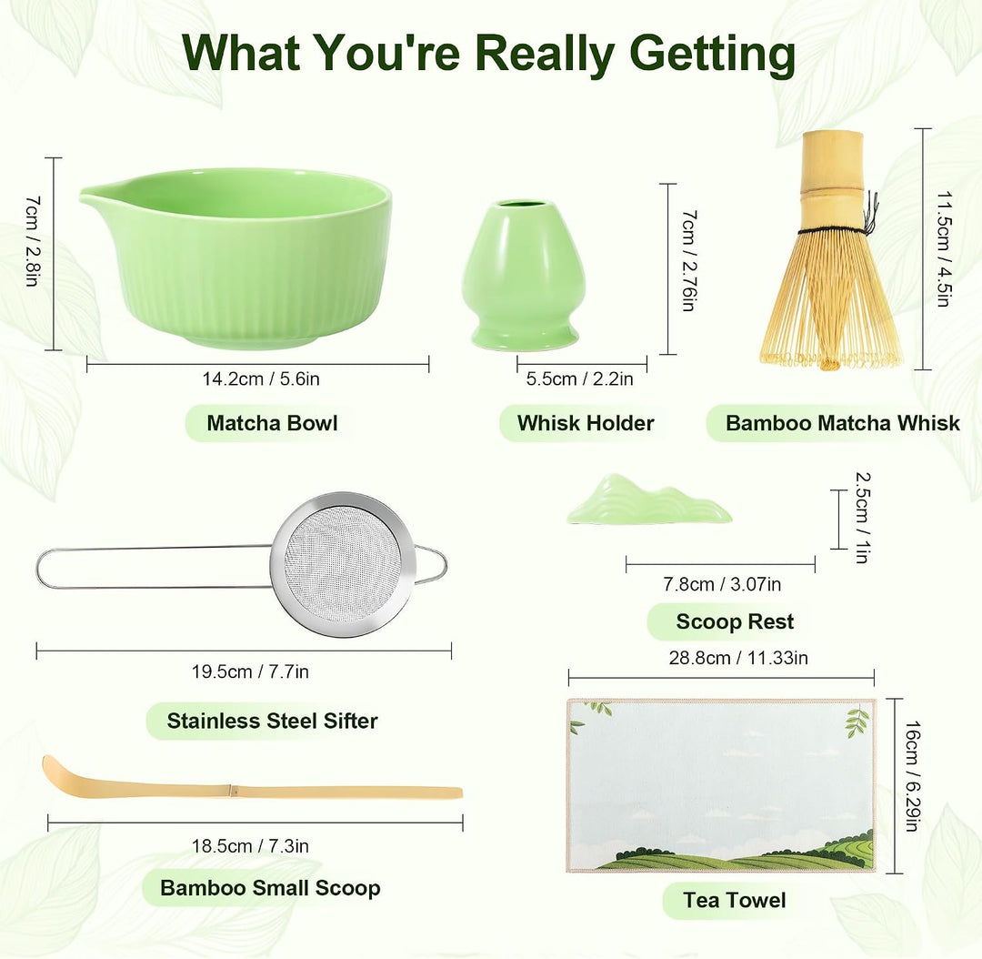 Matcha Set 7 Teilig mit Matcha Schale 500 ml, Matcha Besen, Besenhalter, Matcha Sieb, Bambuslöffel u