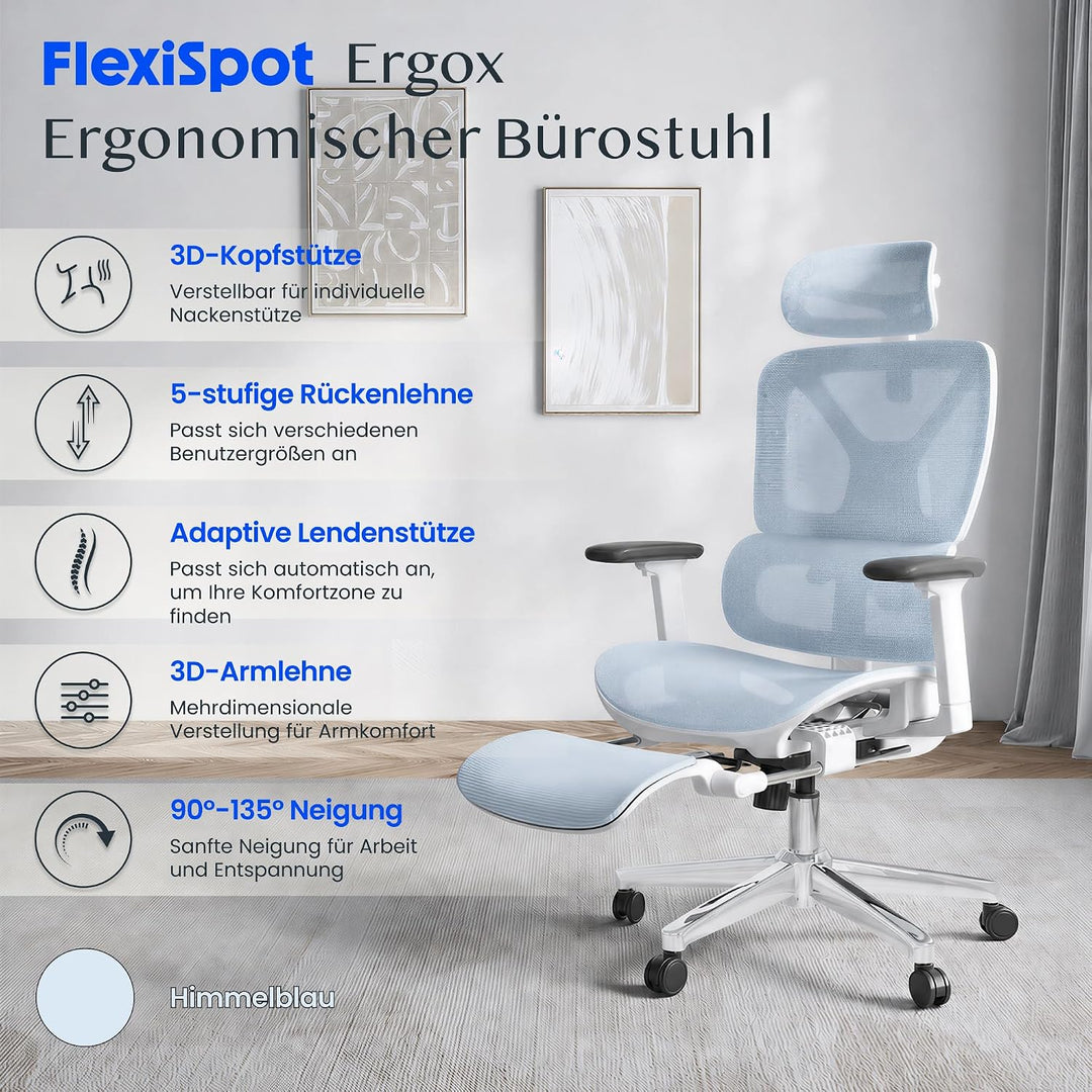 FLEXISPOT ErgoX Ergonomischer Bürostuhl mit Fussstütze Blau, Blau