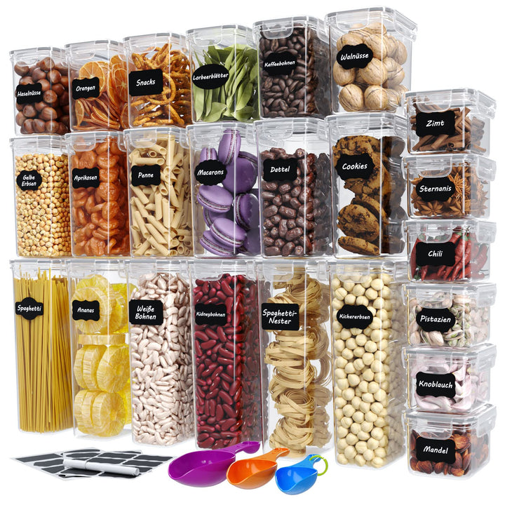 WELLGRO Vorratsdosen Set mit Etiketten, Kreidestift und Messlöffeln Frischhaltedosen mit Deckel BPA-