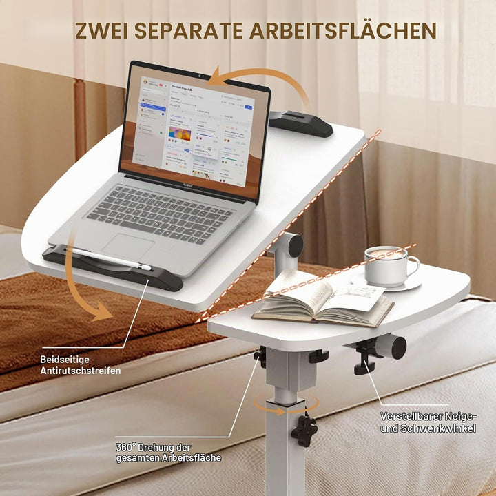 Soontrans Betttisch auf Rollen, 60×40cm, Laptoptisch Höhenverstellbar, Beistelltisch Bett mit Mehrer