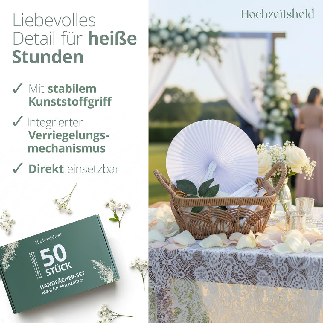 HOCHZEITSHELD Fächer Hochzeit 50 Stück - Faltbare Handfächer zur Erfrischung der Gäste - Papierfäche