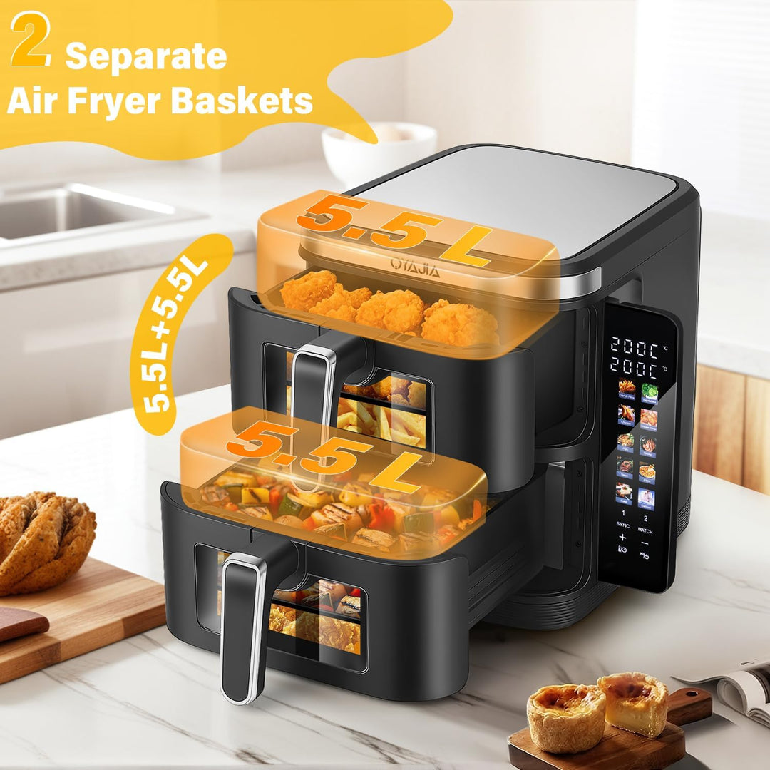 Double Stack Heissluftfritteuse, Vertikale Doppelkammer Heissluftfritteuse, Klappbares Touchdisplay,