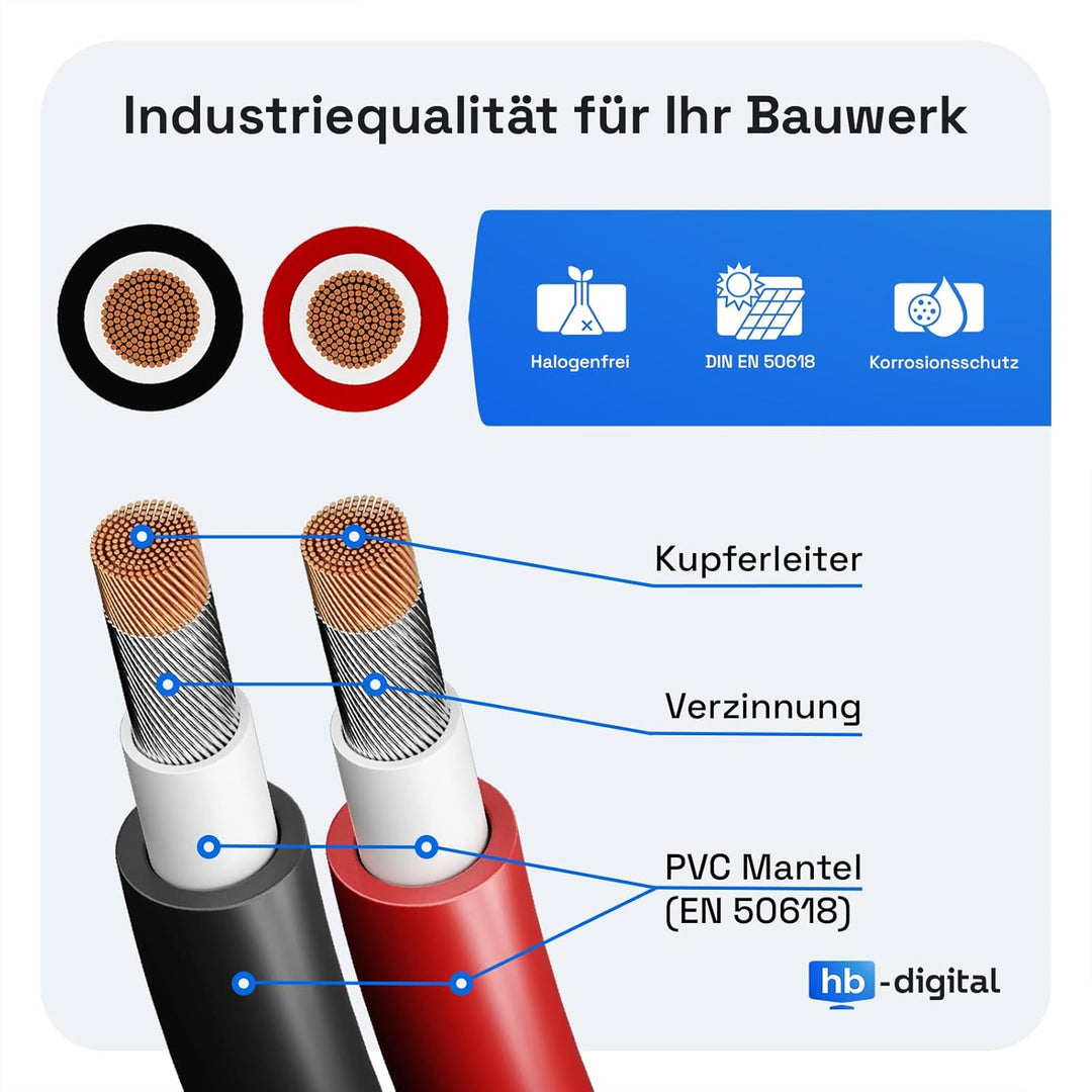 HB-DIGITAL 2x 20m 6mm² Solarkabel Verlängerungskabel Kabelpaar für Photovoltaik Anlagen H1Z2Z2-K mit