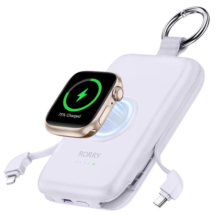RORRY Power Bank, 10000mAh Powerbank Schnellladefunktion PD 20W mit Integriertem Kabel, Reise Portab