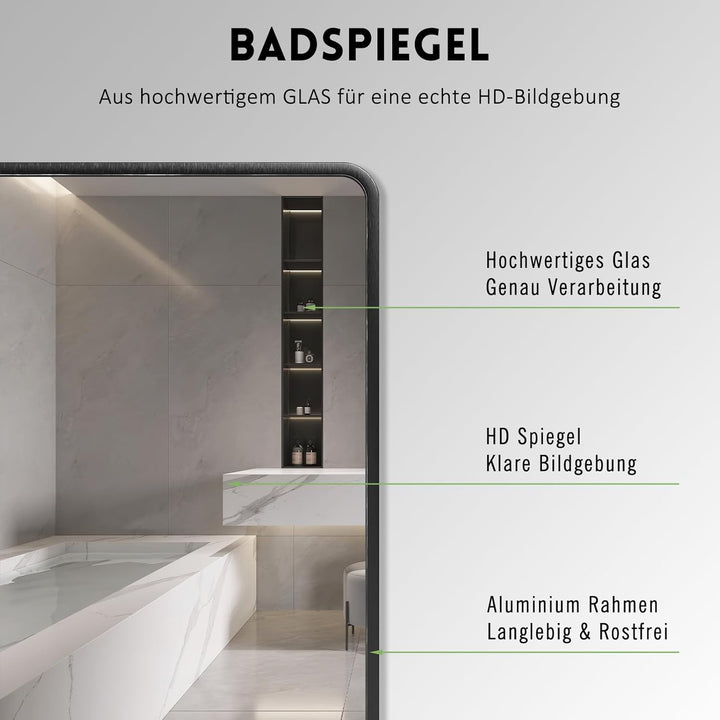 Spiegel Schwarz 40x60 cm Rechteckiger Wandspiegel Abgerundete Ecken Wandmontage Edelstahl Kosmetiksp
