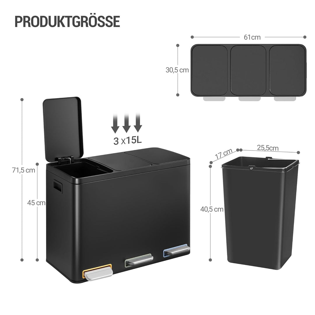 Hzuaneri Mülleimer Küche, Mülltrennsystem 3 Fächer 45L (3 x 15 L), Edelstahl-küchenmülleimer, Tretmü