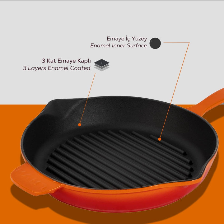 LAVA Lavagusseiserne Rundgrillpfanne 28 cm – emaillbeschichtet, mit gestreifter Grilloberfläche, Her