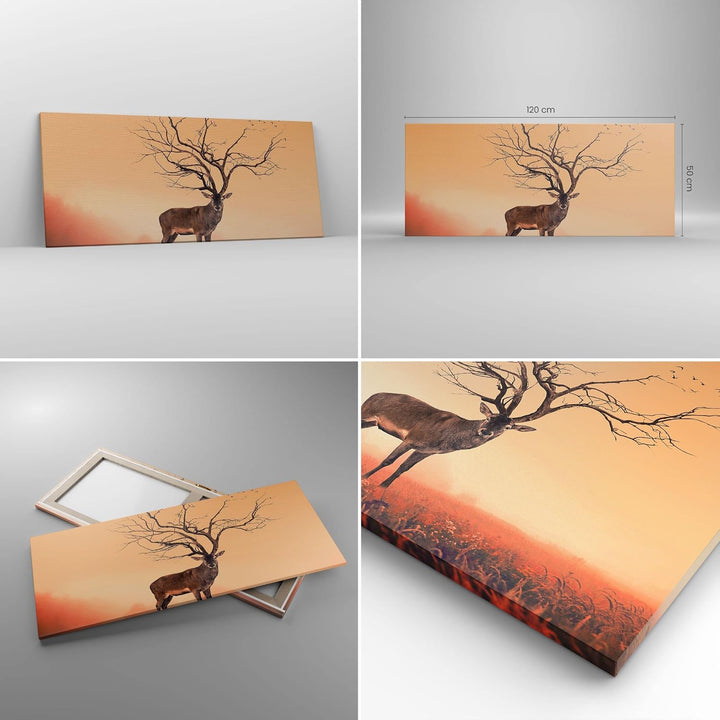 Wandbilder Dekoration Wohnzimmer Hirsch Baum Nebel Wald Panorama Bilder auf Leinwand 120x50cm Leinwa