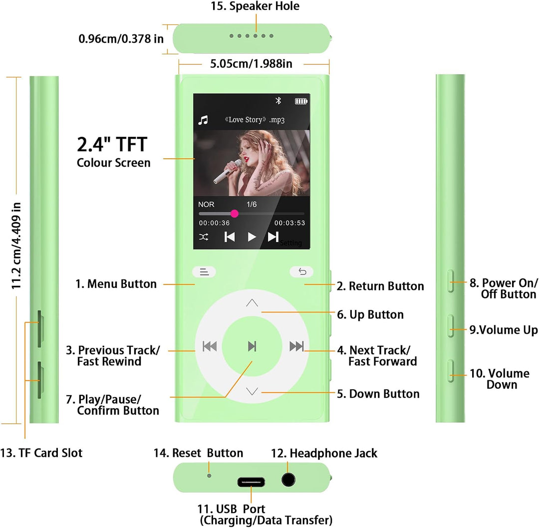90GB MP3 Player Bluetooth 5.3, Musik Player 2 TF-Kartensteckplätzen