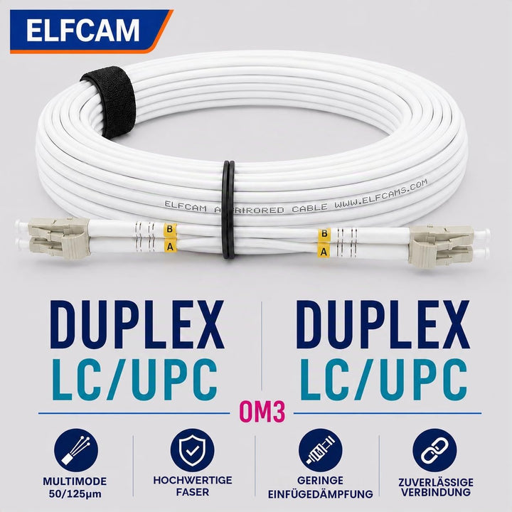 Elfcam® - 10m LC/UPC zu LC/UPC OM3 Multimode Duplex 50/125um LSZH Glasfaserkabel (Optisches Jumper),