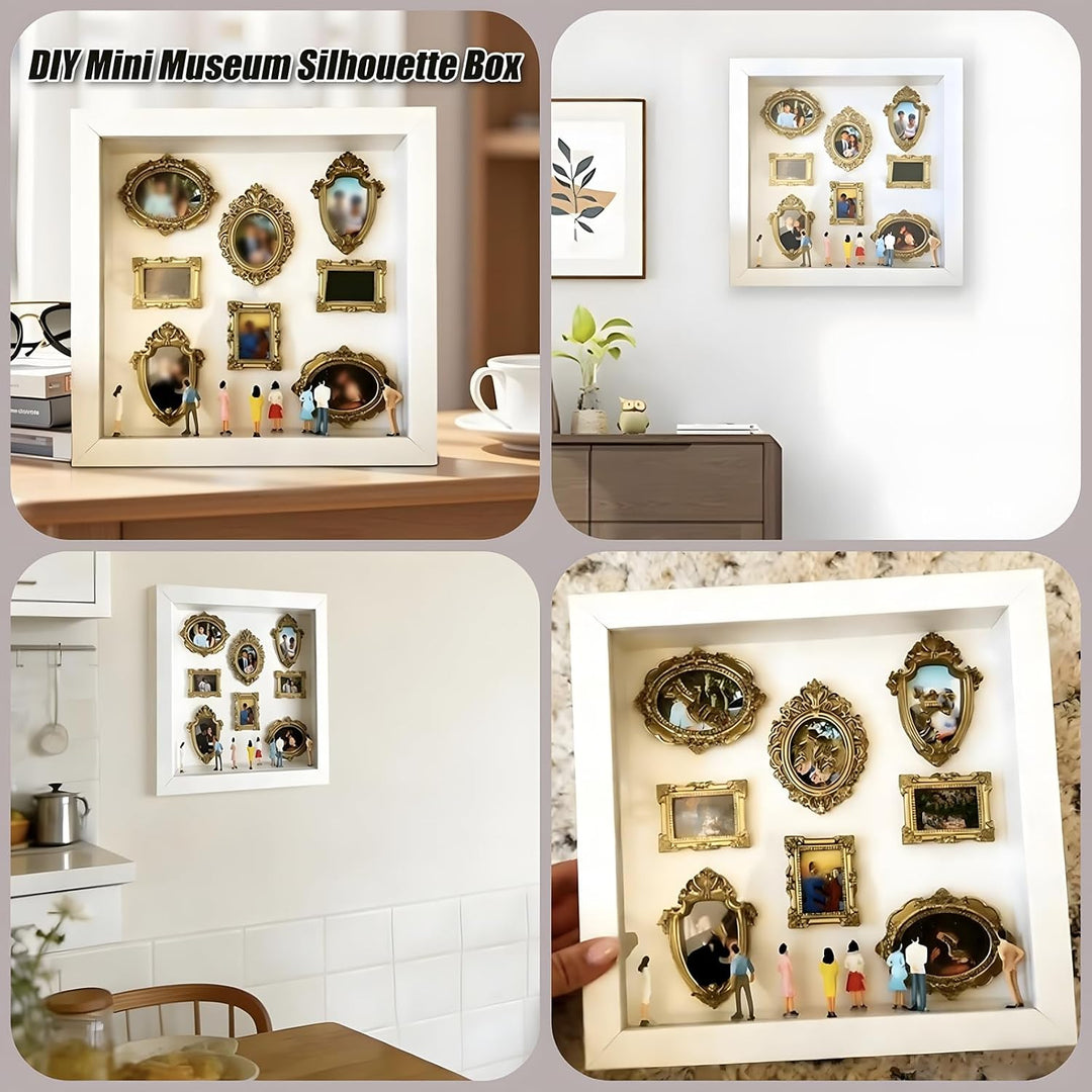 DIY Mini-Museum Silhouette Box, Schattenbox-Vitrine-Set mit 8 Goldenen Mini-Rahmen und 8 Figuren, Ih