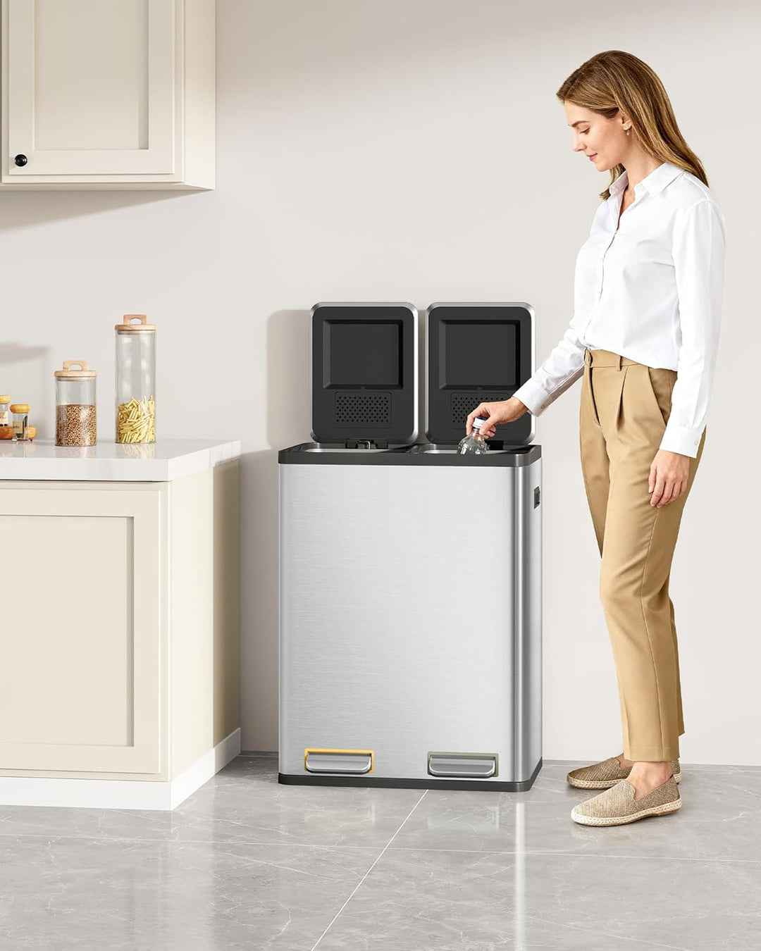 Hzuaneri Mülleimer Küche, Mülltrennsystem 2 Fächer 60L (2 x 30 L), Edelstahl-küchenmülleimer mit far