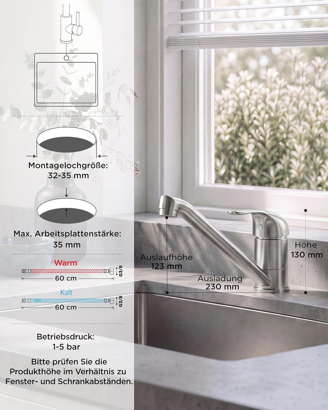 FORIOUS Wasserhahn Küche, Küchenarmatur mit Einhebelmischer, Edelstahl Edelstahl Standard, Edelstahl