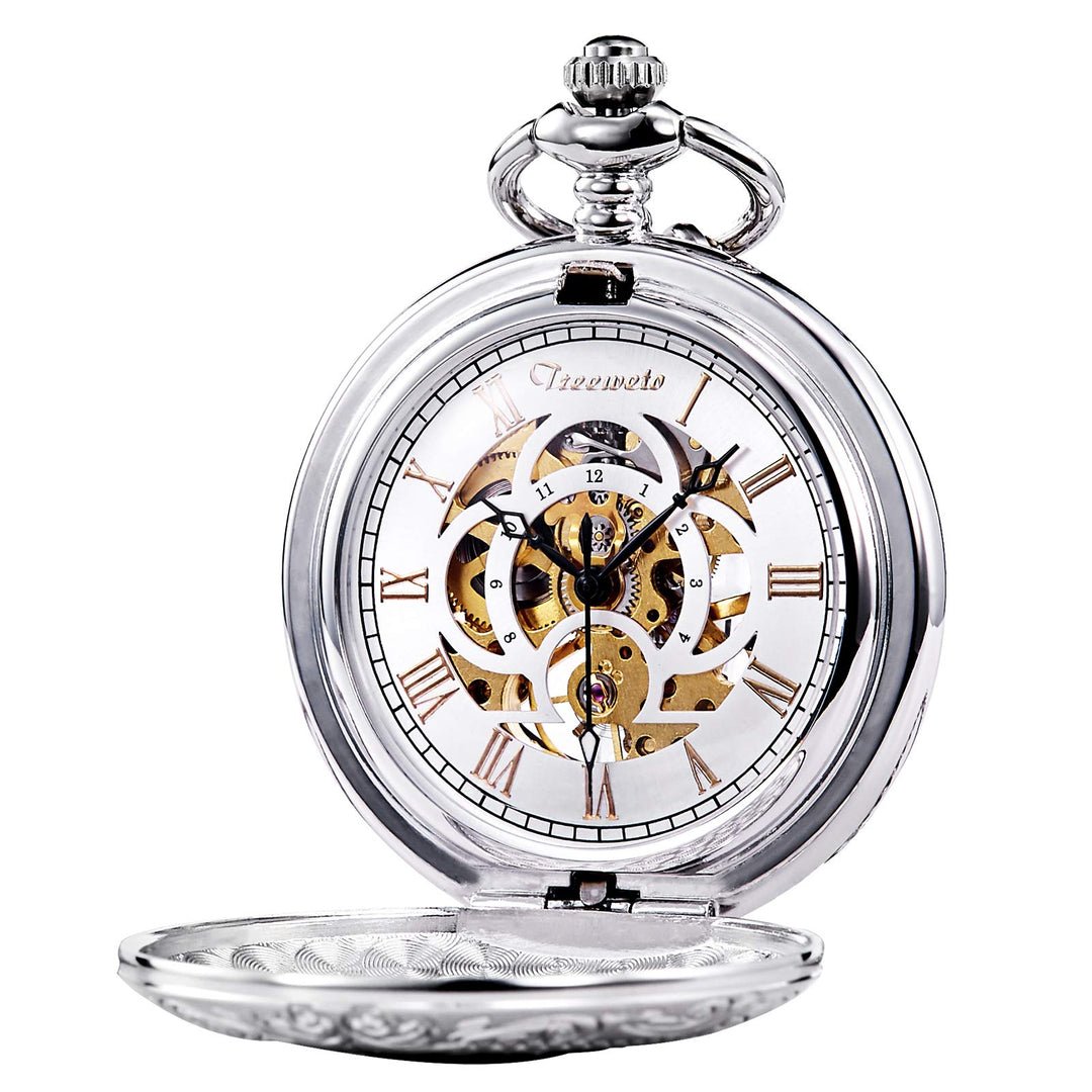 TREEWETO Unisex Taschenuhr mit Kette Analog Handaufzug Antik Graviert Römische Silber/Gold/Schwarz,