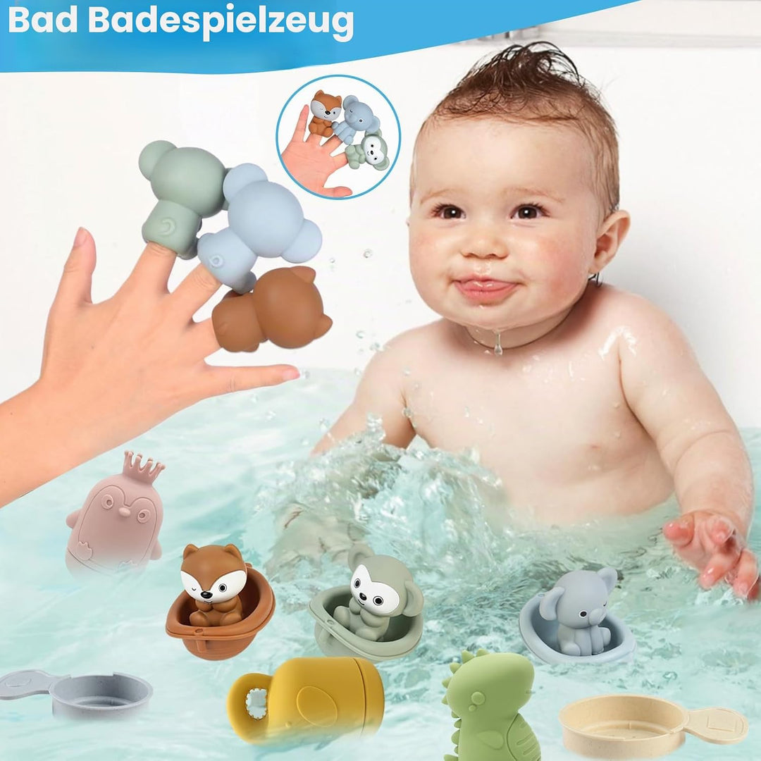 16 Stück Badewannenspielzeug, Baby Badespielzeug Silikon Wasserspielzeug Kinder mit Spritztiere Fing