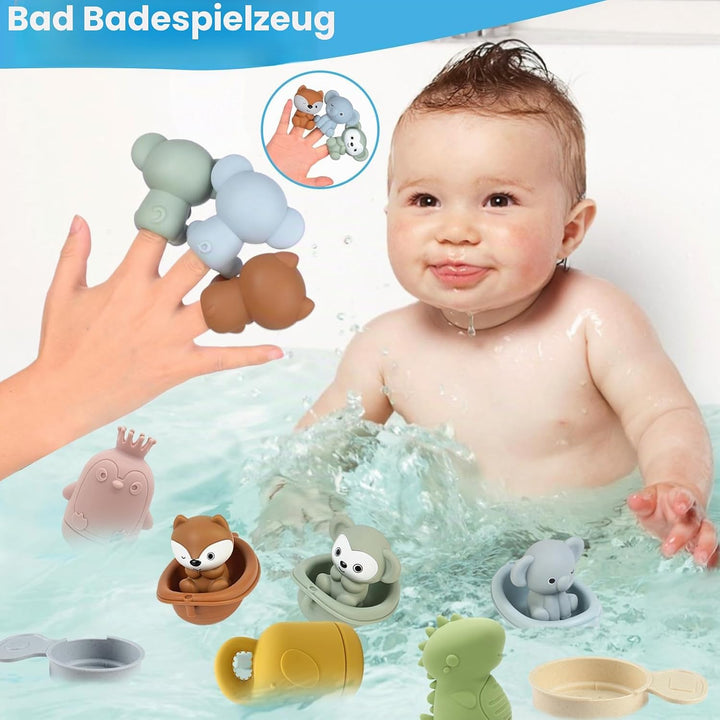 16 Stück Badewannenspielzeug, Baby Badespielzeug Silikon Wasserspielzeug Kinder mit Spritztiere Fing