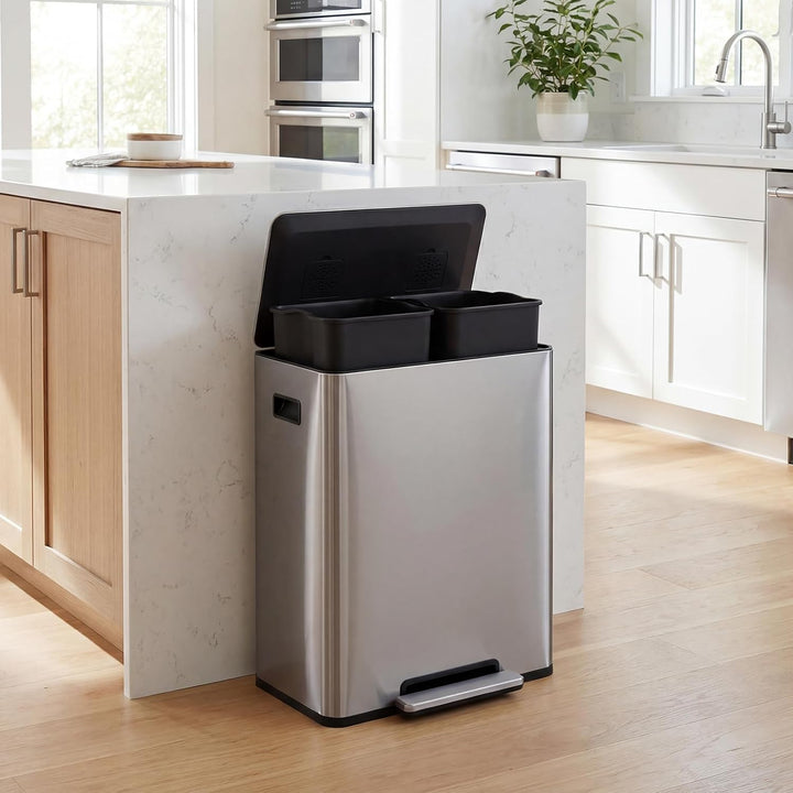 COSTWAY Mülleimer Küche, 60L Mülltrennsystem 2 Fächer, Tretmülleimer aus Edelstahl mit Pedal &amp; Softc