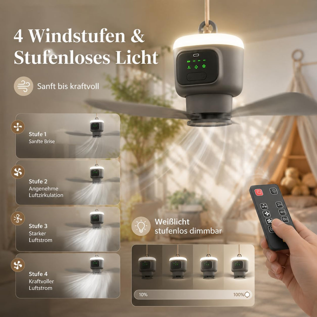 Tragbarer Deckenventilator mit Beleuchtung, 12000mAh Akku &amp; 4 Stufen Camping Ventilator mit Fernbedi
