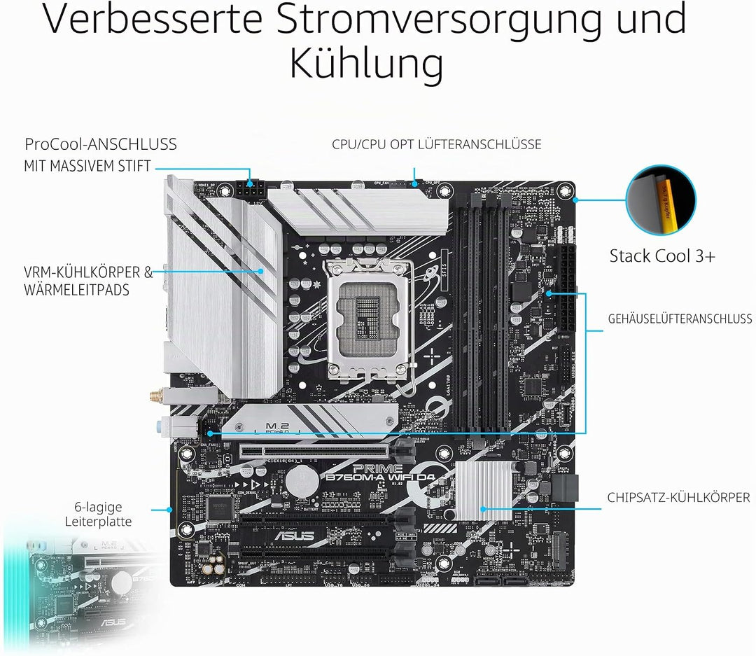 ASUS PRIME B760M-A WIFI D4 Gaming Mainboard Sockel Intel LGA 1700 (Intel B760, mATX, DDR4 Speicher,