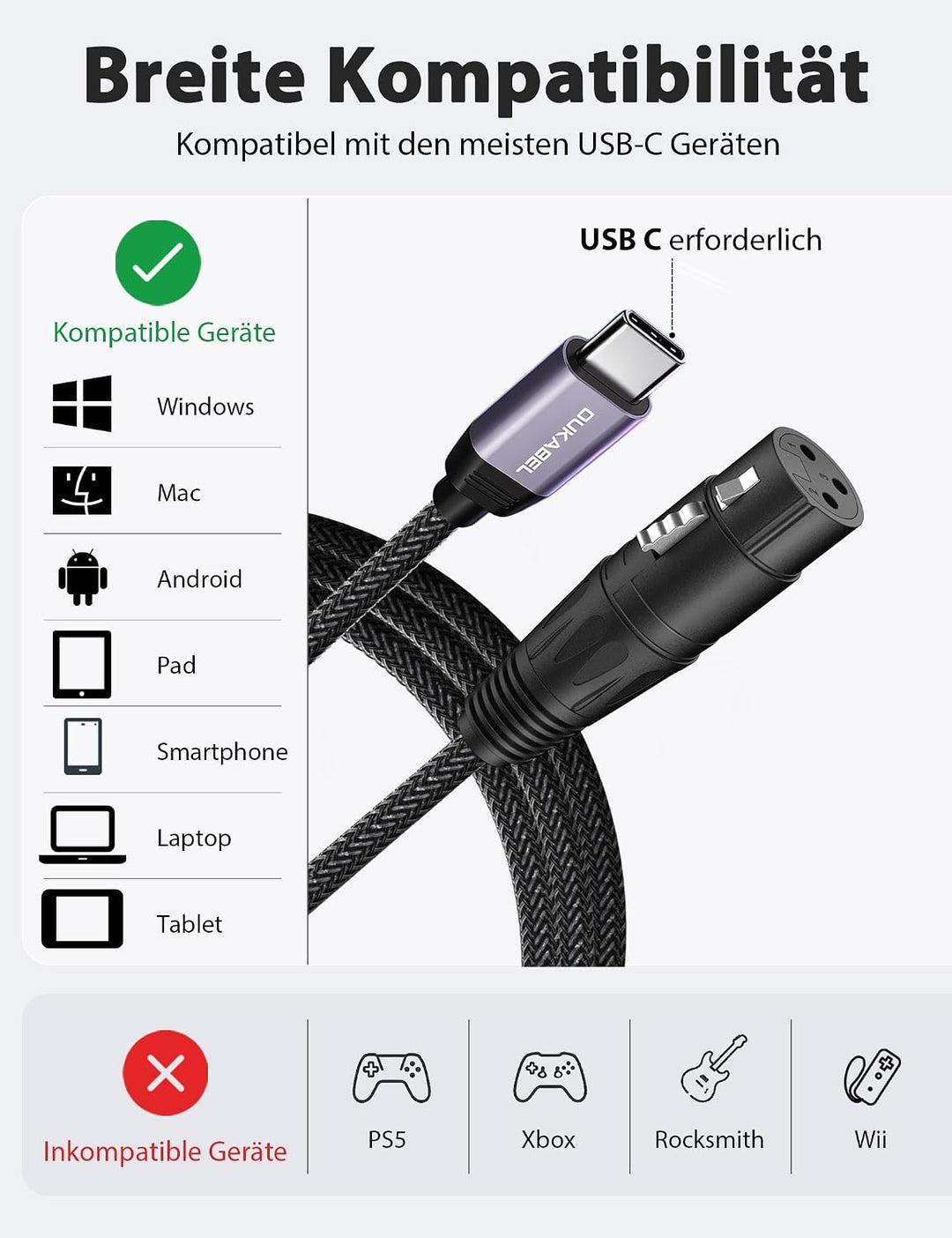 DuKabel USB C auf XLR Mikrofonkabel 2,4m mit DAC für Dynamische Mikrofone 2.4 Meter, 2.4 Meter