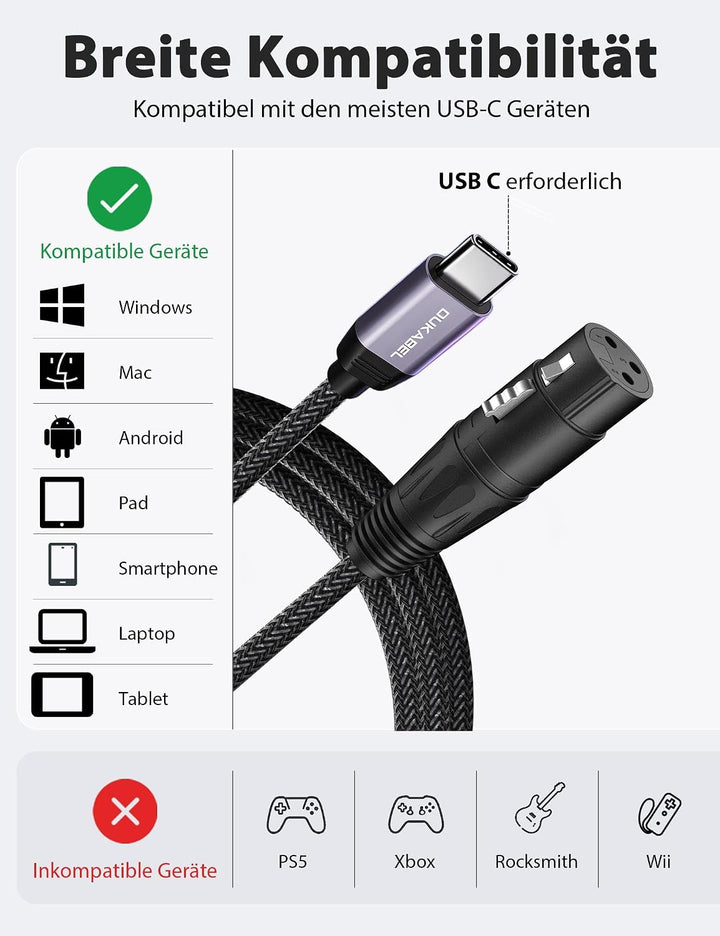 DuKabel USB C auf XLR Mikrofonkabel 2,4m mit DAC für Dynamische Mikrofone 2.4 Meter, 2.4 Meter